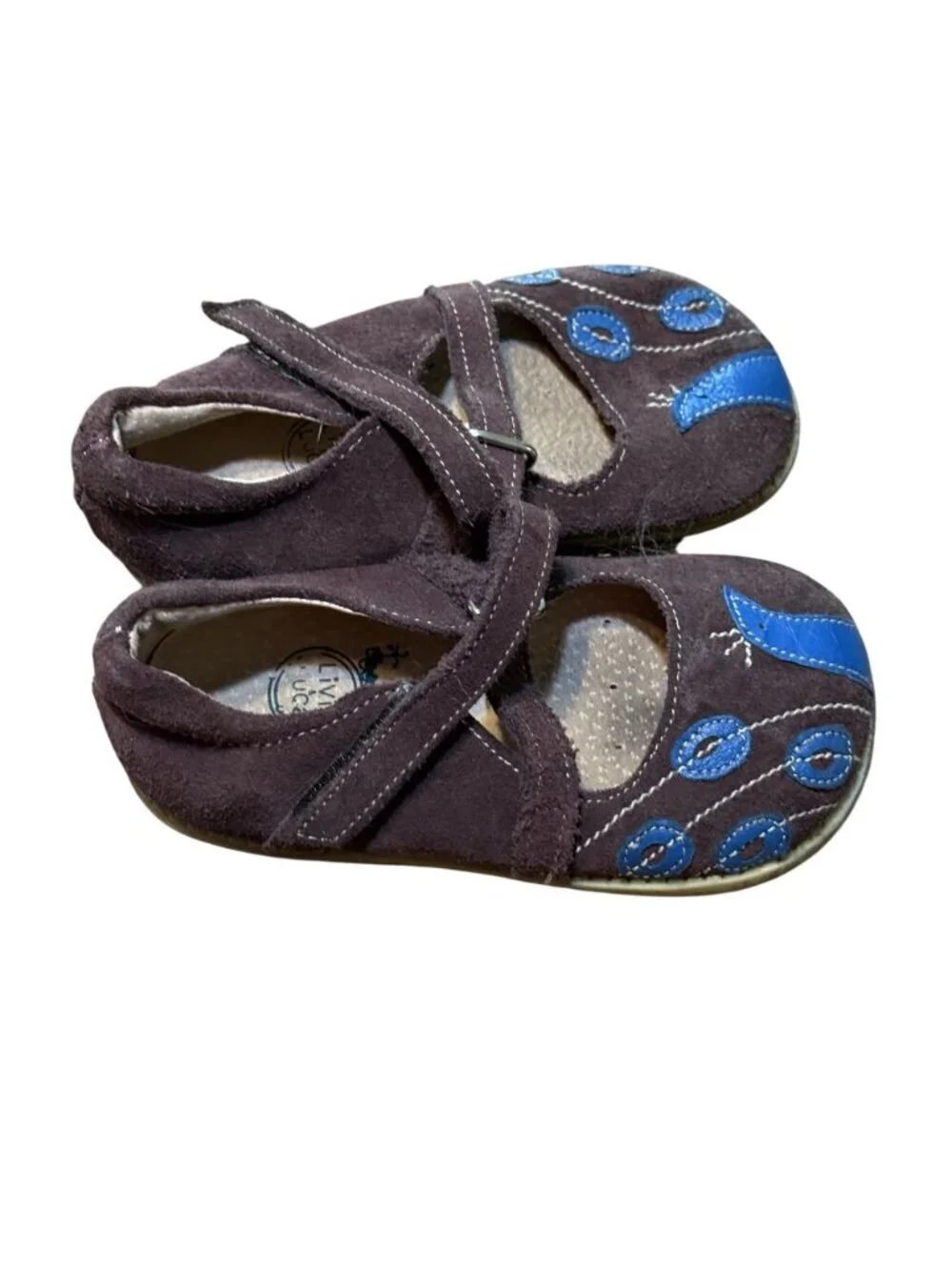 Livie & Luca Girls Brown & Blue Suede Mary Jane Shoes With Bird Design Size 9